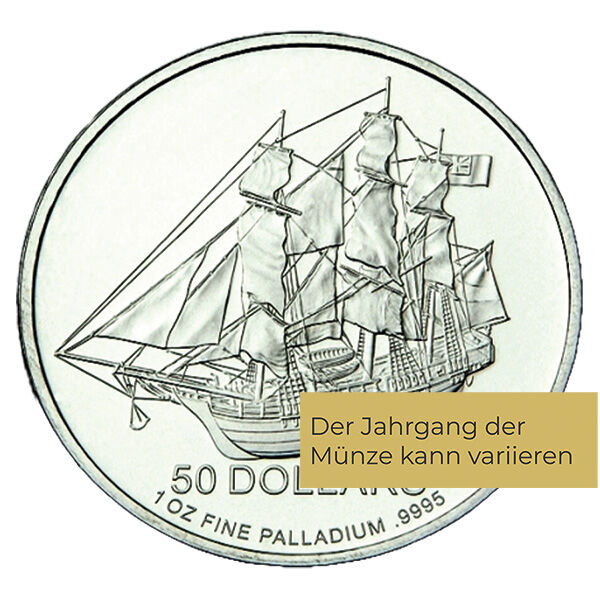 Weitere Vorderseitenansicht der Cook Islands HMS Bounty Palladiummünze 1 Unze 2009 mit Porträt von Queen Elizabeth II., Nennwert und Jahrgang