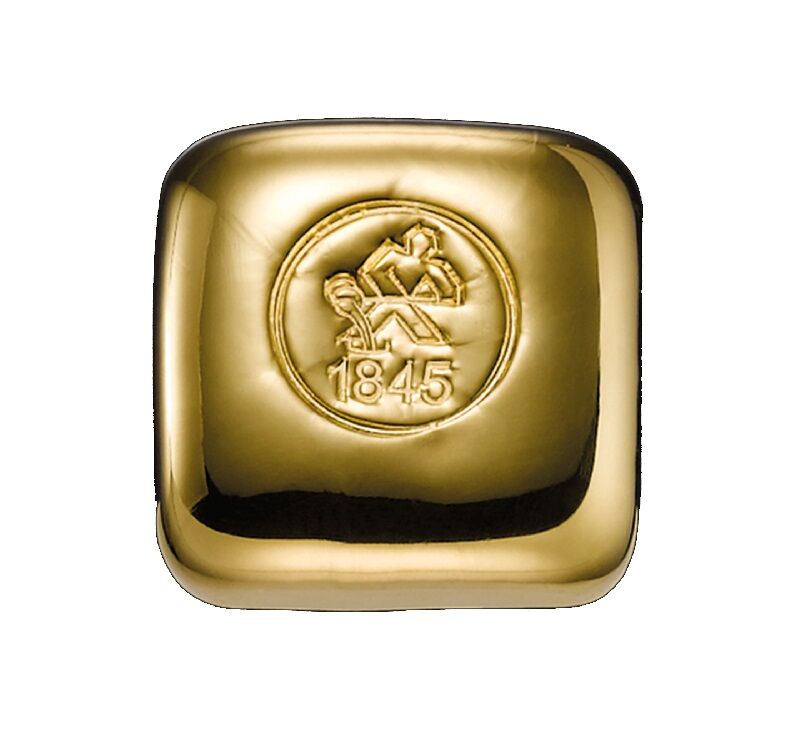 Vorderseite eines gegossenen 50 g Heimerle + Meule Goldbarrens mit Herstellerlogo, Feingewicht und Feinheitsangabe