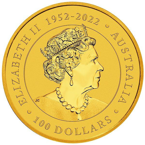 Rückseite einer Australian Kangaroo Goldmünze 1 Unze mit Kangaroo-Motiv, Feingewicht und Feingehalt
