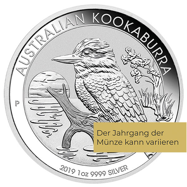 Weitere Rückseitenansicht der Australian Kookaburra Silbermünze 1 Unze 2019 mit Kookaburra-Motiv, Feingewicht und Feingehalt