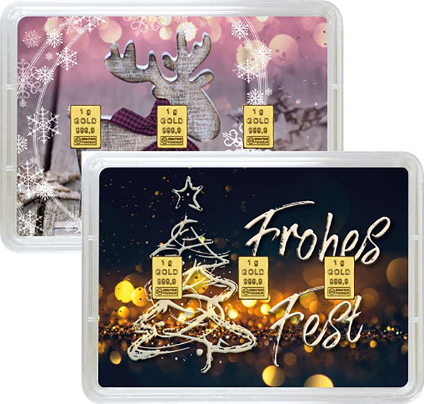 Goldbarren in Geschenkeblister Goldbarren zu Weihnachten verschenken mit 3 g Gold bei der Moroder Scheideanstalt