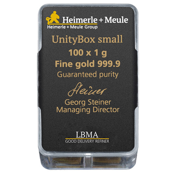 Goldbarren Unity Box 100 × 1 g Rückseite Heimerle und Meule – Moroder Scheideanstalt
