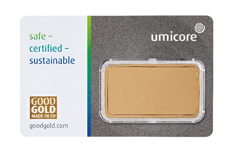 Rückseite eines geprägten 50 g Umicore Goldbarrens mit Produktangaben