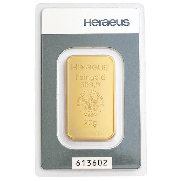 20 g Goldbarren Heraeus geprägt 20 g Goldbarren Heraeus geprägt