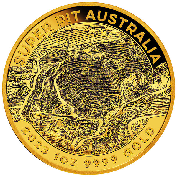 Rückseite der Australian Super Pit Goldmünze 1 Unze 2023 mit Super-Pit-Motiv, Feingewicht und Feingehalt