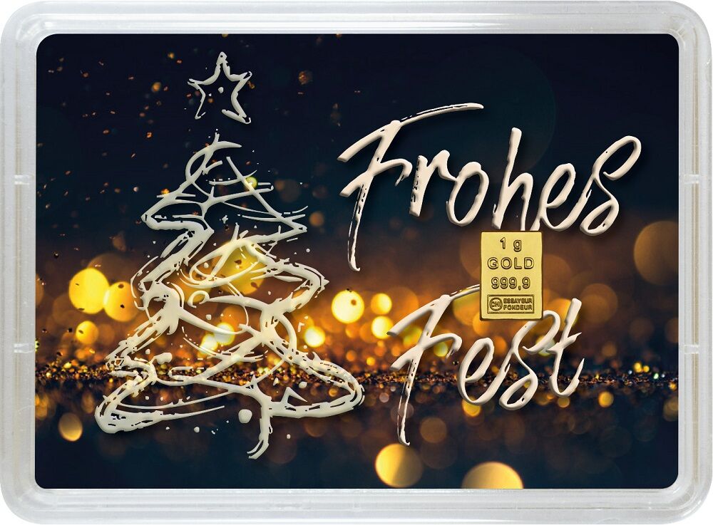 Rückseite des 1 g Gold-Geschenkbarrens Weihnachten mit Produktangaben und Geschenkverpackung
