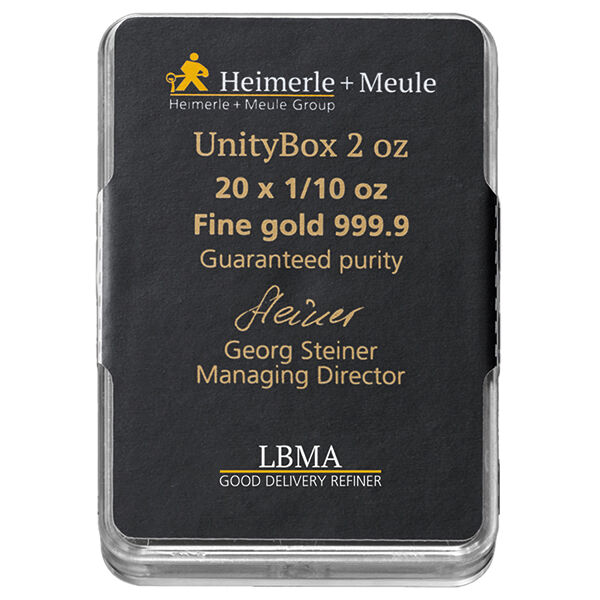 Goldbarren Unity Box Collection 20 × 1/10 Unze Vorderseite – Moroder Scheideanstalt