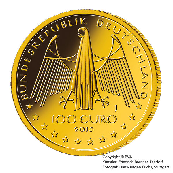 Die Münze Goldeuro zeigt die Wertseite von 2015 Oberes Mittelrheintal bei der Moroder Scheideanstalt