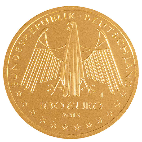 Goldeuro 100 € 2015 Werseite Die Münze Goldeuro zeigt die Wertseite von 2015 Oberes Mittelrheintal bei der Moroder Scheideanstalt