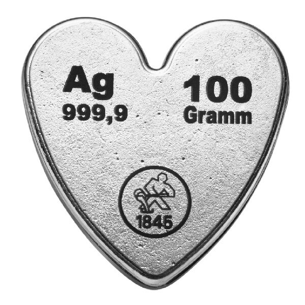 100g Silberherz Silberbarren Rückseite Heimerle und Meule Moroder Scheideanstalt 100g Silberherz Silberbarren Rückseite Heimerle und Meule Moroder Scheideanstalt