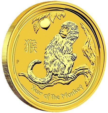 Weitere Rückseitenansicht der Lunar II Affe Goldmünze 1/20 Unze 2016 mit Affen-Motiv, Feingewicht und Feingehalt