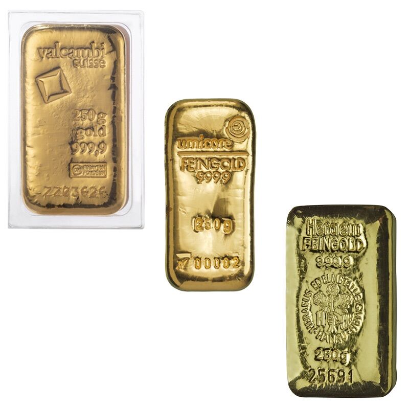 250 g Goldbarren verschiedener LBMA-zertifizierter Hersteller als Beispiel für Anlagegold