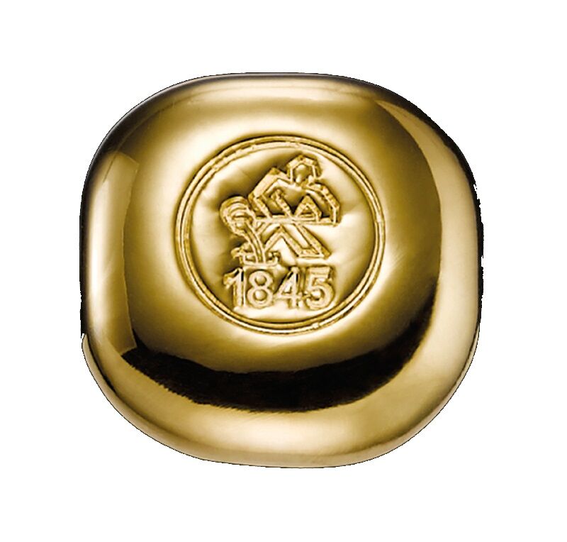 Vorderseite eines gegossenen 1 Unze Heimerle + Meule Goldbarrens mit Herstellerlogo, Feingewicht und Feinheitsangabe