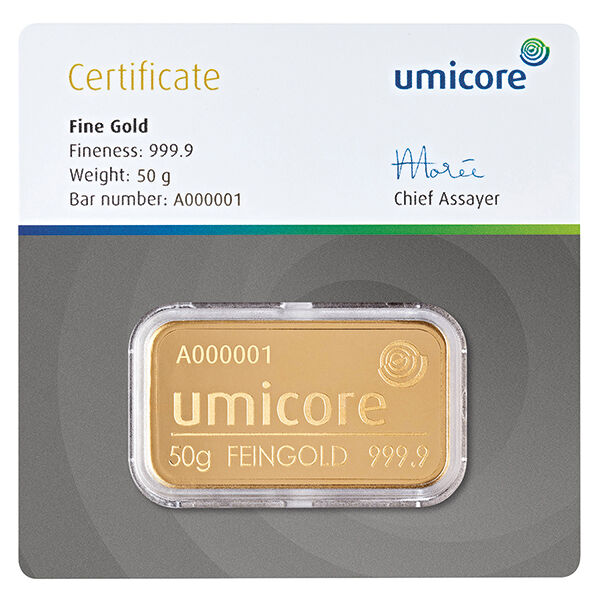 50 g Goldbarren Umicore geprägt 50 g Goldbarren Umicore geprägt