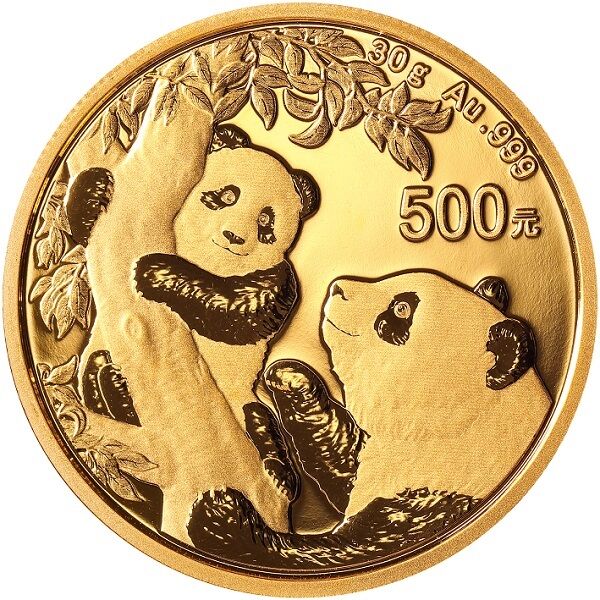 Rückseite der China Panda Goldmünze 30 g 2021 mit Panda-Motiv, Feingewicht und Feingehalt
