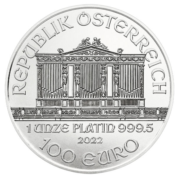 1 Unze Platin Wiener Philharmoniker (diverse Jahrgänge) Wiener Philharmoniker Anlagemünze 1 Unze in Platin zeigt die Bildseite mit ihrem festlichen Saal