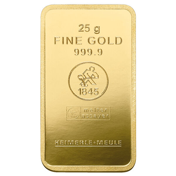 25 g Goldbarren Heimerle und Meule geprägt 25 g Goldbarren Heimerle und Meule geprägt