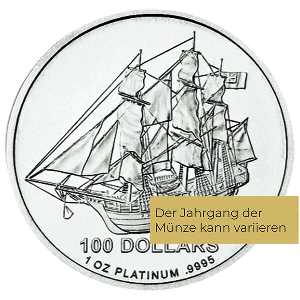 Weitere Vorderseitenansicht der Cook Islands HMS Bounty Platinmünze 1 Unze 2009 mit Porträt von Queen Elizabeth II., Nennwert und Jahrgang