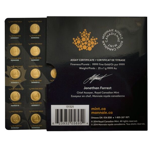 25 x 1 g Maplegram mit Verpackung Vorderseite 25 x 1 g Maplegram mit Verpackung Rückseite