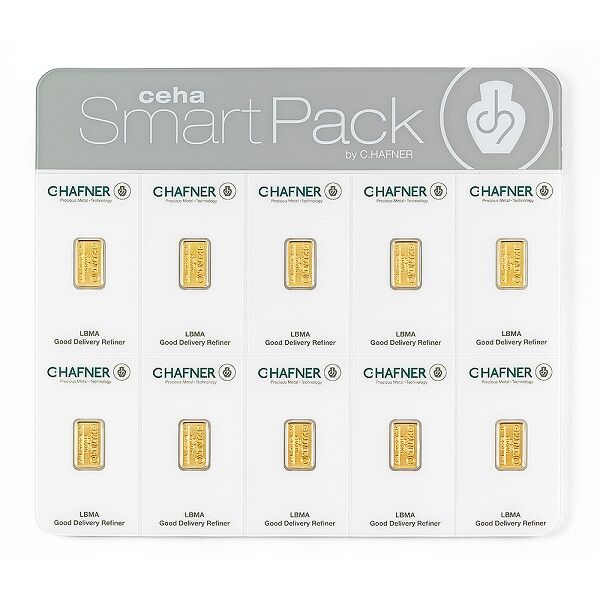Vorderseite des C. Hafner Smartpacks mit 10 einzelnen 1 g Goldbarren