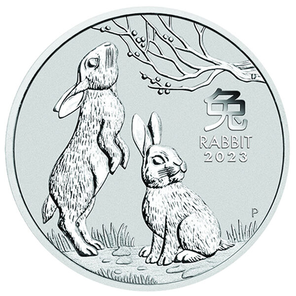 Rückseite der Lunar III Hase Silbermünze 1 kg 2023 mit Hasen-Motiv, Feingewicht und Feingehalt