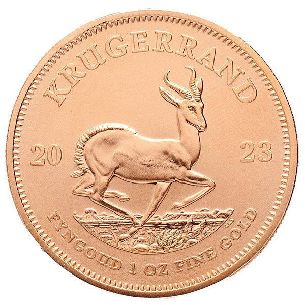 Weitere Rückseitenansicht der Krügerrand Goldmünze 1 Unze 2023 mit Springbock-Motiv, Feingewicht und Feingehalt