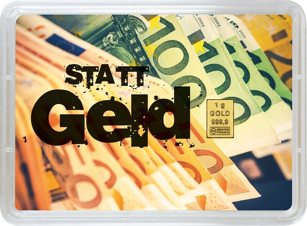 Rückseite des 1 g Gold-Geschenkbarrens Gold statt Geld mit Informationen zur Geschenkverpackung