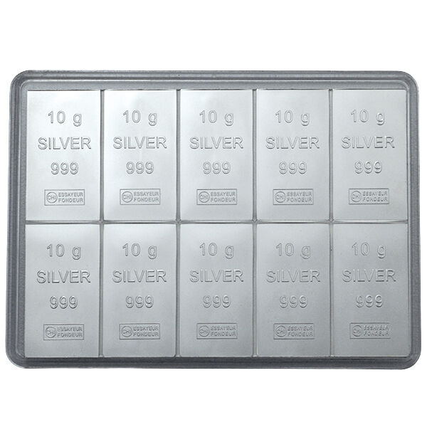 Vorderseite des 100 g Valcambi CombiBar Silberbarrens mit Herstellerlogo, Feingewicht und Feinheitsangabe