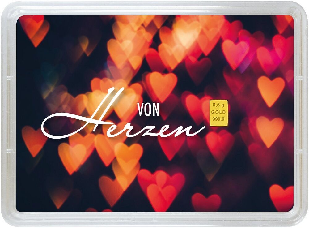 Vorderseite des 0,5 g Valcambi Gold-Geschenkbarrens In Liebe mit sichtbarem Goldbarren und Motivgestaltung