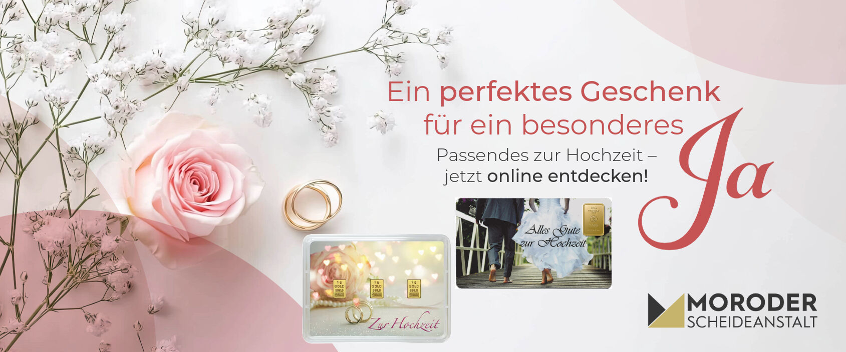 Grafik mit Goldringen und passenden Geschenkideen wie Goldbarren zur Hochzeit, die man bei der Moroder Scheideanstalt kaufen kann