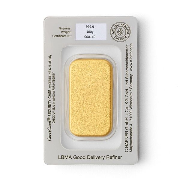 100 g Goldbarren gegossen Rückseite C.Hafner Moroder Scheideanstalt 100 g Goldbarren gegossen Rückseite C.Hafner Moroder Scheideanstalt
