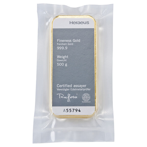 500 g Goldbarren Heraeus LBMA zertifiziert 500 g Goldbarren Heraeus LBMA zertifiziert