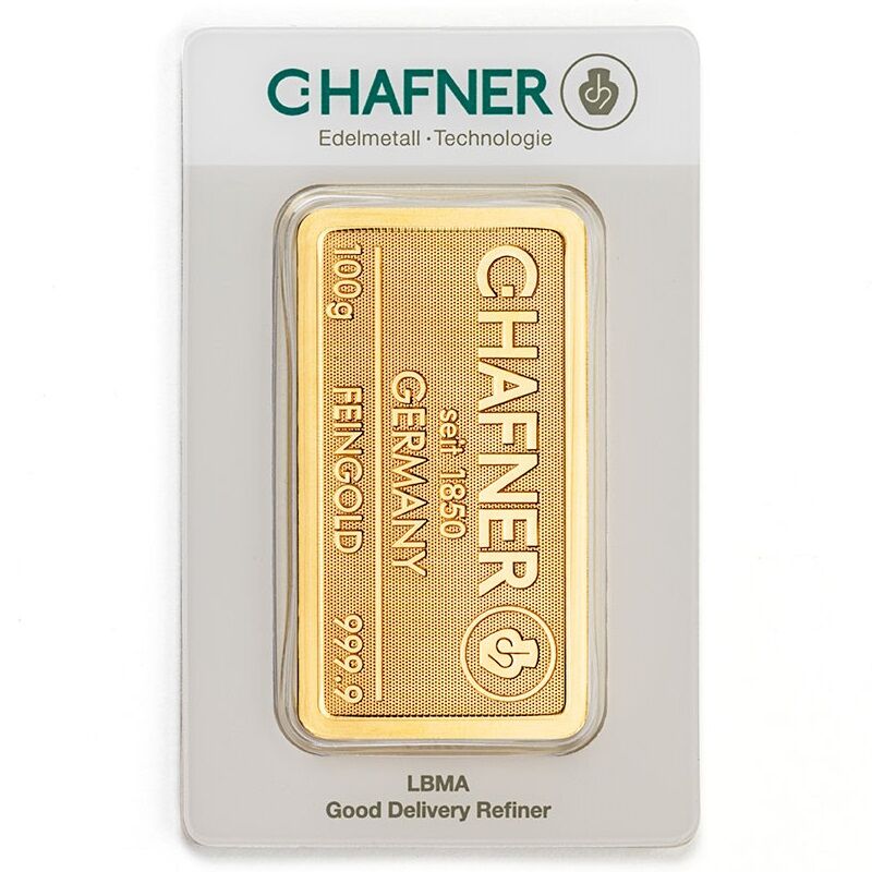 Vorderseite eines geprägten 100 g C. Hafner Goldbarrens mit Herstellerlogo, Feingewicht und Feinheitsangabe