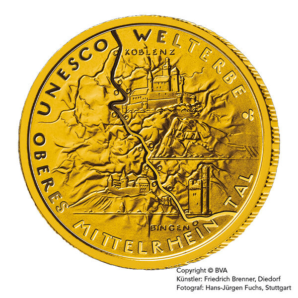 Die Münze Goldeuro zeigt die Bildseite von 2015 Oberes Mittelrheintal bei der Moroder Scheideanstalt