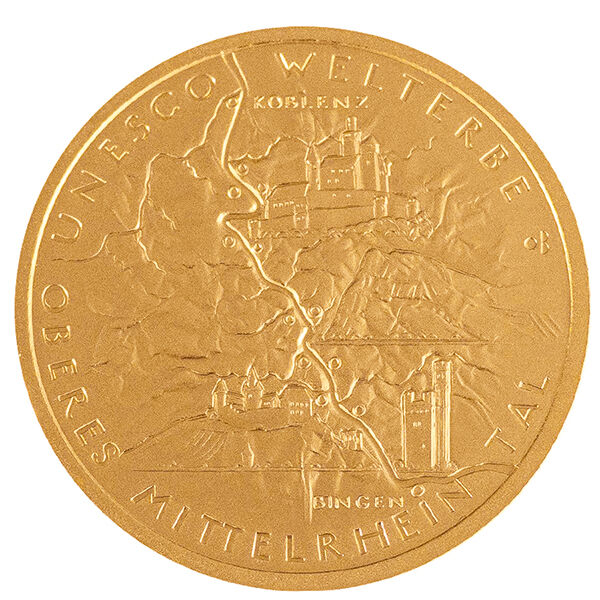 Bildseite der 100 Euro Goldmünze Oberes Mittelrheintal 2015 mit Motiv des Oberen Mittelrheintals