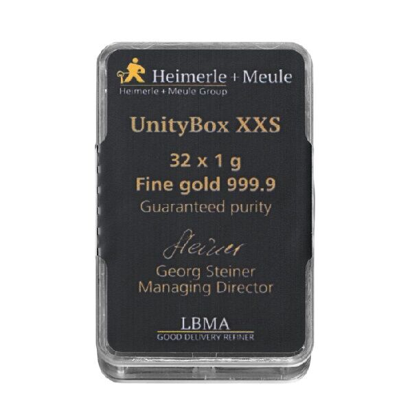 Vorderseite der Heimerle + Meule UnityBox mit 32 einzelnen 1 g Goldbarren