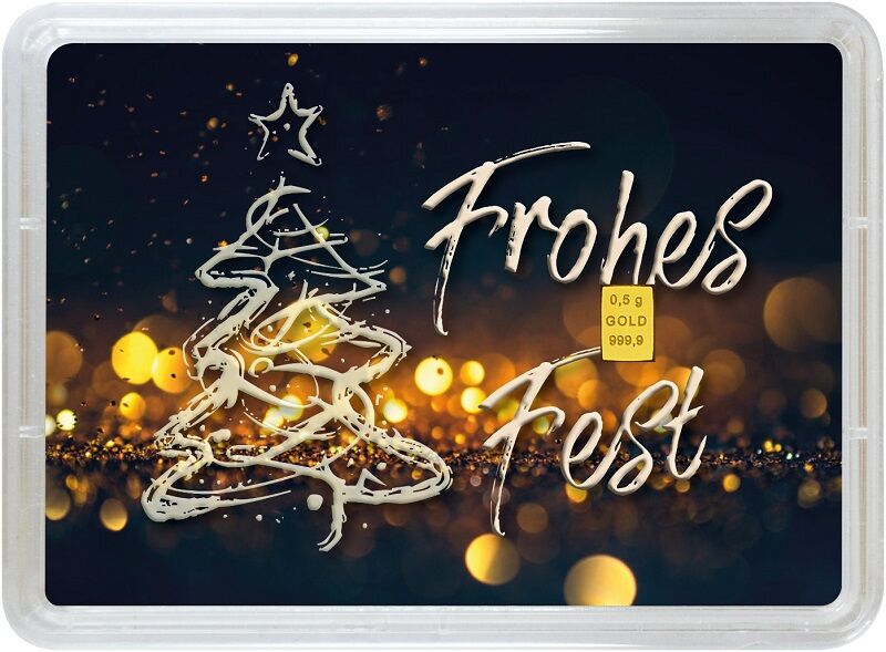 Vorderseite des 0,5 g Valcambi Gold-Geschenkbarrens Weihnachten mit sichtbarem Goldbarren und festlicher Gestaltung