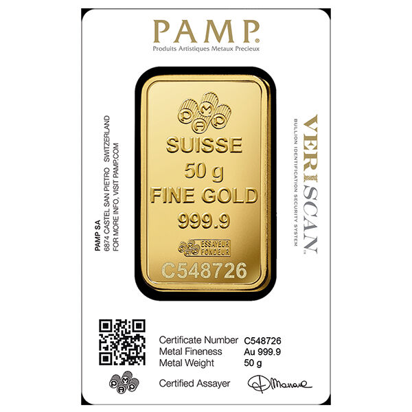 50 g Goldbarren PAMP geprägt 50 g Goldbarren PAMP geprägt