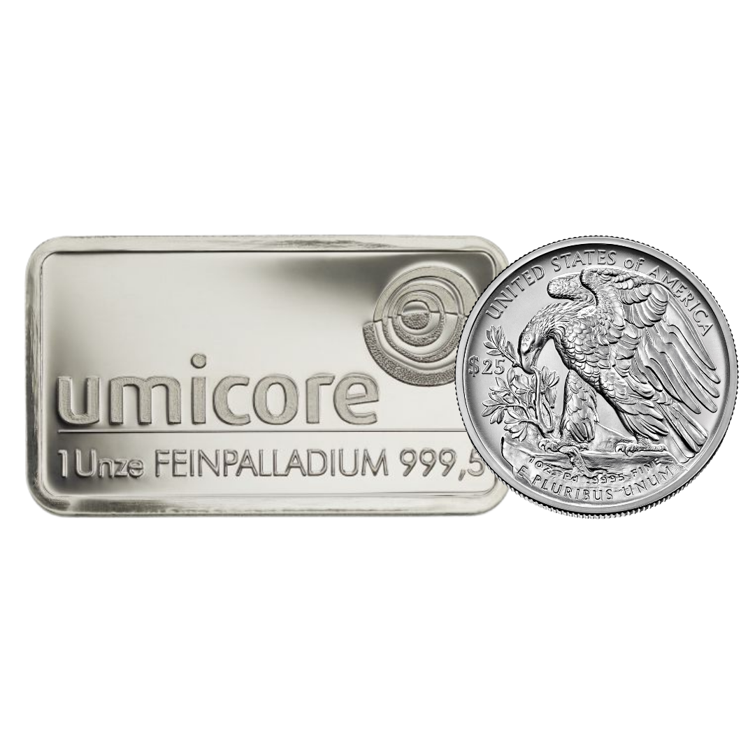 Palladiumbarren und Palladiummünzen in vielfältigen Stückelungen und von diversen Herstellern für Ihre Edelmetallanlage