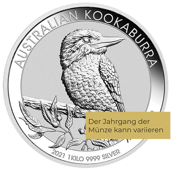 Weitere Rückseitenansicht der Australian Kookaburra Silbermünze 1 kg 2021 mit Kookaburra-Motiv, Feingewicht und Feingehalt