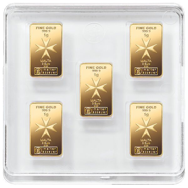 5 x 1 g Goldbarren Malta Münzbarren CoinBar Box Heimerle und Meule