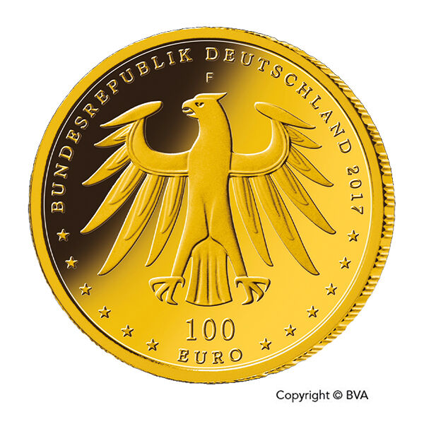 Goldeuro 100 Euro Goldmünze von 2017 zeigt die Wertseite der Luthergedenkstätten Eisleben und Wittenberg bei der Moroder Scheideanstalt
