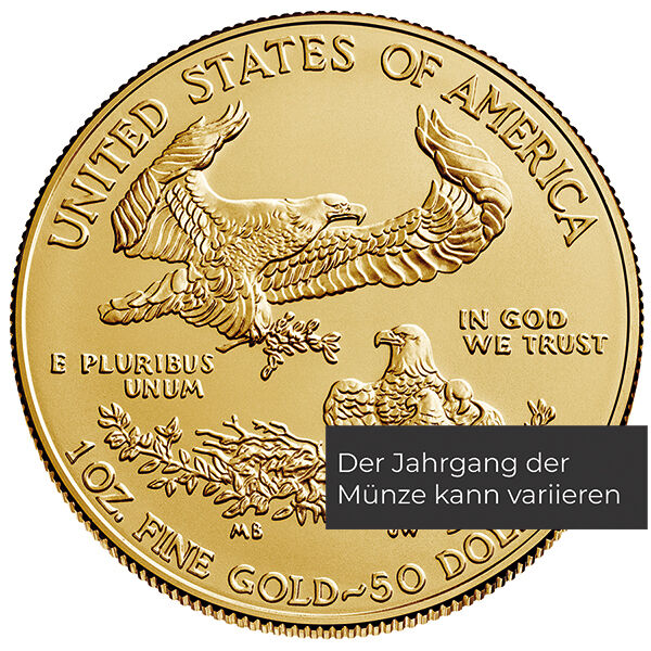 Weitere Rückseitenansicht der American Eagle Goldmünze 1 Unze 2021 mit Adler-Motiv, Feingewicht und Feingehalt