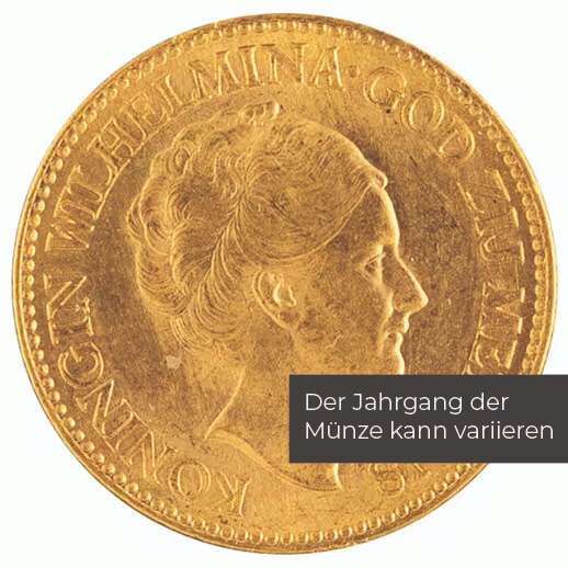Vorderseite der niederländischen 10 Gulden Wilhelmina Goldmünze mit Porträt von Königin Wilhelmina und Umschrift