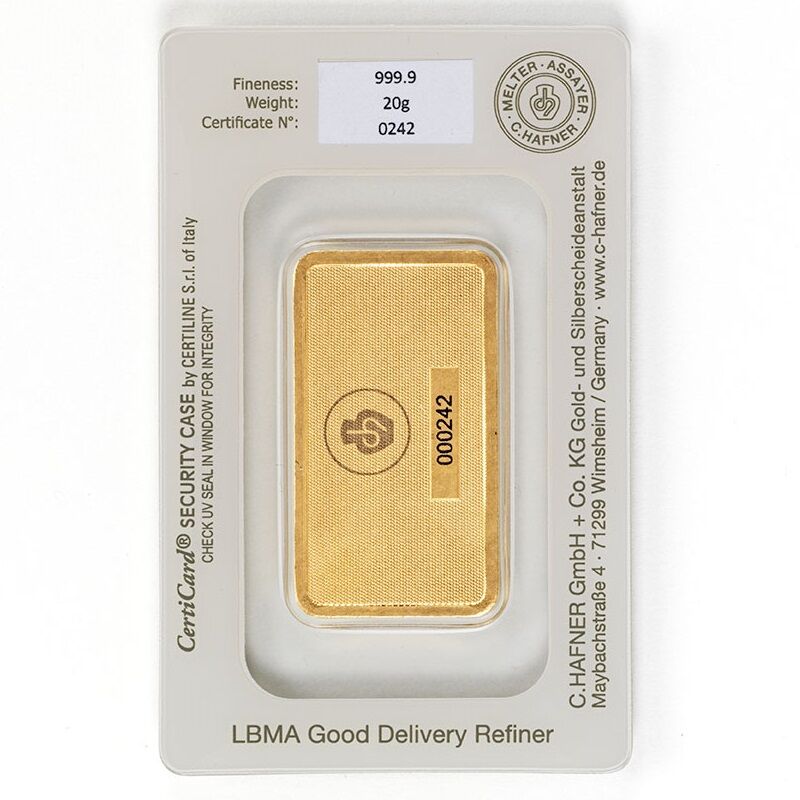 Rückseite eines 20 g C. Hafner Goldbarrens mit Produktangaben