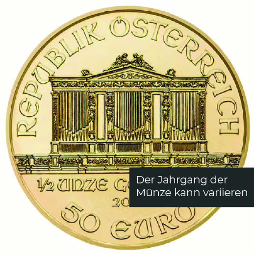 Produktansicht der Wiener Philharmoniker Goldmünze 1/2 Unze 2025 mit sichtbaren Prägungsdetails