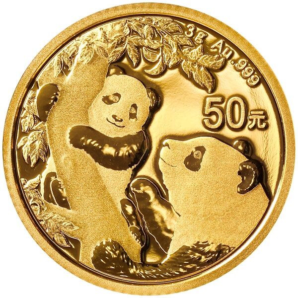 50 Yuan China Panda - 3 Gramm Gold - Vorderseite Münze Pandas auf einem Baum