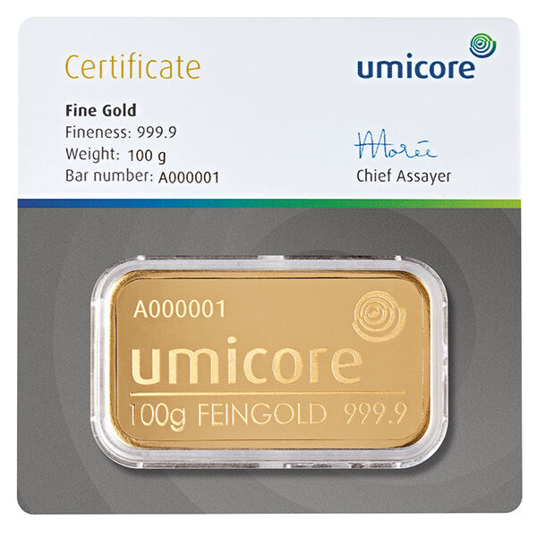 100 g Goldbarren Umicore geprägt 100 g Goldbarren Umicore geprägt