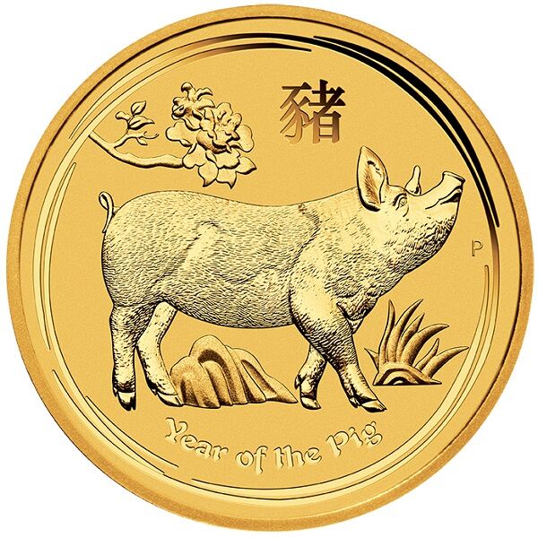 Rückseite der Lunar II Schwein Goldmünze 1 Unze 2019 mit Schwein-Motiv, Feingewicht und Feingehalt