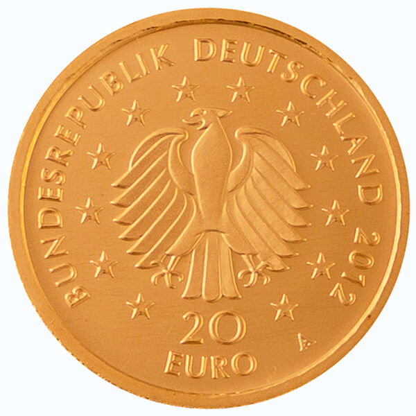Rückseite der 20 Euro Goldmünze Deutscher Wald 2012 mit Fichtenmotiv